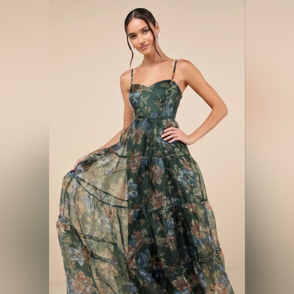 Lulus Exclusive Glamour Green Floral Organza Tiered Maxi Dress L Wedding Prom - Picture 3 of 10